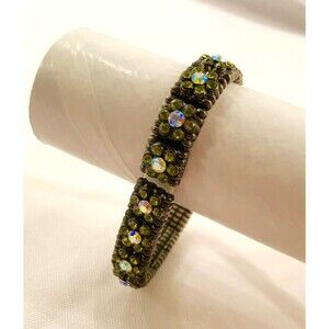Vintage Aurora Borealis & Green Rhinestone on Black/Bronze Tone Stretch Bracelet